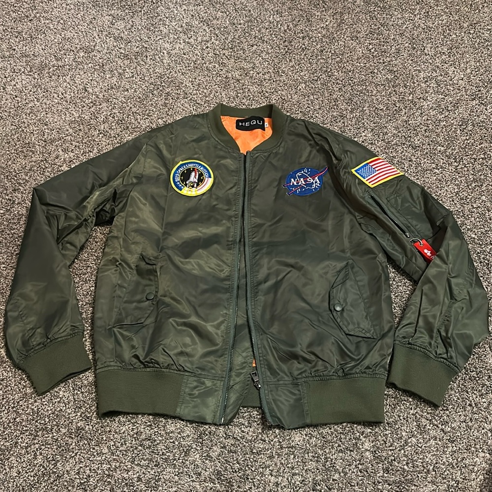 HEQU 100th Space Mission NASA Bomber. Army Green Color with patches Size Medium